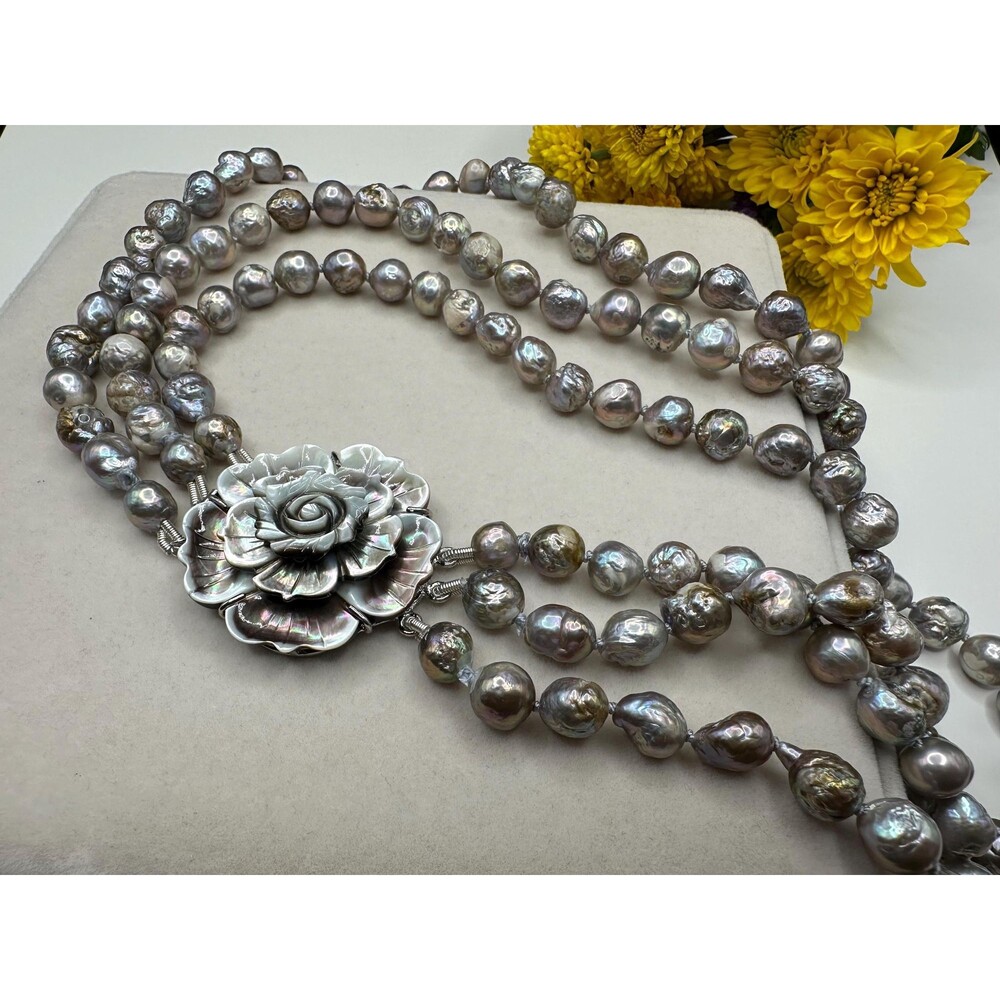 3 Row Snake Skin Edison Necklace With Big Carved Mother of Pearl Rose Clasp. Chu